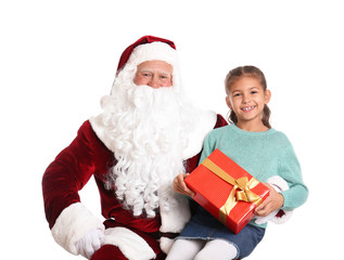 Authentic Santa Claus and little girl with gift box on white background