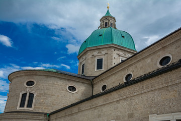 Exterior of the Salzburg cathedral (Dom zu Salzburg ), in the heart of the historic center of the city, masterpiece of early baroque art. 