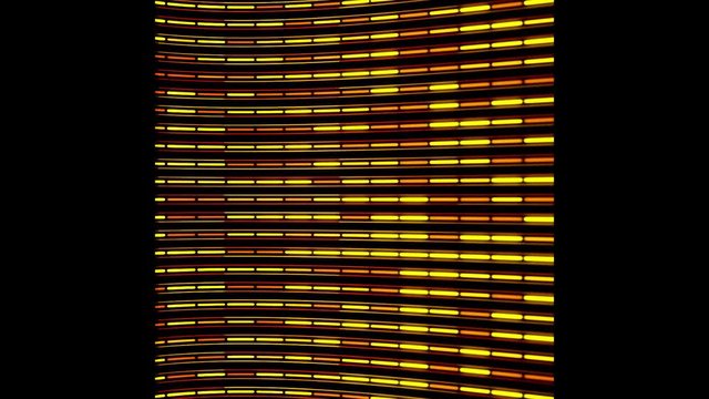 Abstract colorful lines devided into small segments flowing on black background, seamless loop. Animation. Digital horizontal rows of narrow yellow and red stripes.