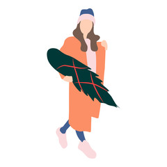 The girl bought a Christmas tree. Vector graphic - Illustration in a flat style