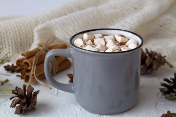 winter and autumn hot drinks. cup of hot cocoa or chocolate with marshmallow and knitted white plaid, cinnamon, anise star on white background. winter decoration