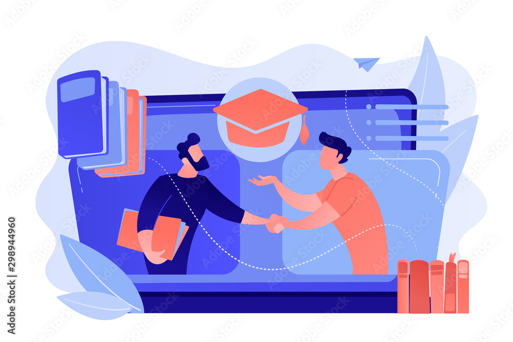 Wall mural Teacher with books helping student at online lesson on laptop screen. Online tutor, on-demand homework help, english teacher online concept. Pinkish coral bluevector isolated illustration