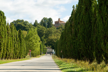 Road leading to Church and Chapel of Montesiepi, Tuscany, Italy