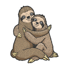 Sloth love couple hug sketch engraving vector illustration. T-shirt apparel print design. Scratch board style imitation. Black and white hand drawn image.