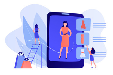 Shopper trying on clothes size and style in virual fitting room on tablet. Virtual fitting room, online dressing, e-commerce clothing room concept. Pinkish coral bluevector isolated illustration