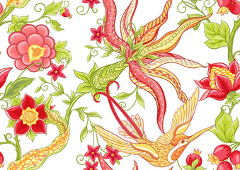 Fantasy flowers, traditional Jacobean embroidery style. Seamless pattern, background. Vector illustration in bright red and green colors isolated on white background..