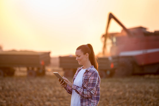Farmer woman with tablet at corn harvest - Powered by Adobe