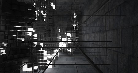 Abstract architectural concrete interior from an array of white cubes with neon lighting. 3D illustration and rendering.