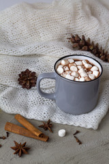 Grey cup of hot cocoa or chocolate with marshmallow and cinnamon with anise star on knitted white background. copy space. winter and autumn hot drinks. winter decoration.