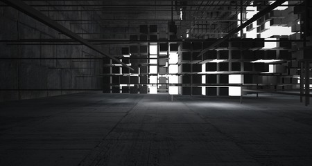 Abstract architectural concrete interior from an array of white cubes with neon lighting. 3D illustration and rendering.