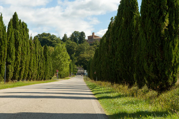 Road leading to Church and Chapel of Montesiepi, Tuscany, Italy