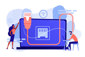 Businessman at table using laptop with ethernet connection. Ethernet connection, LAN connection technology, ethernet network system concept. Pinkish coral bluevector isolated illustration