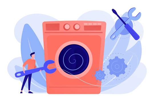 Service repairman with big wrench repairing washing machine. Repair of household appliances, smart TV service, household master services concept. Pinkish coral bluevector isolated illustration