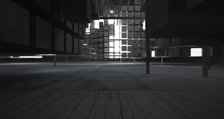 Obraz premium Abstract architectural concrete interior from an array of white cubes with neon lighting. 3D illustration and rendering.