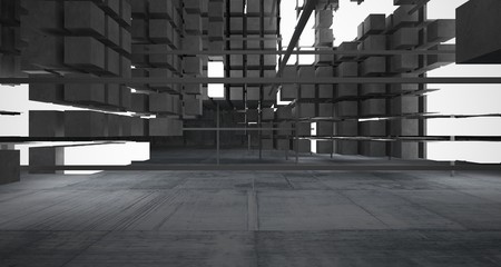 Abstract architectural concrete interior from an array of white cubes with neon lighting. 3D illustration and rendering.