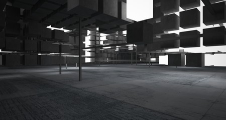 Abstract architectural concrete interior from an array of white cubes with neon lighting. 3D illustration and rendering.