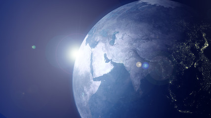 Planète Terre de jour comme de nuit depuis l& 39 espace extra-atmosphérique. Lumières de la ville d& 39 Asie du Moyen-Orient avec le soleil levant. Rendu 3D haute résolution. Images satellites, agences spatiales, Journée de la Terre et concept de civilisa