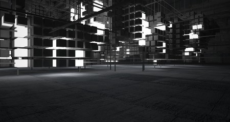 Abstract architectural concrete interior from an array of white cubes with neon lighting. 3D illustration and rendering.