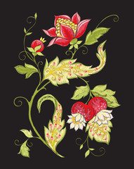 Elements for design. Fantasy flowers, traditional Jacobean embroidery style. Embroidery imitation. Vector illustration in red and green colors isolated on black background..