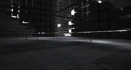 Abstract architectural concrete interior from an array of white cubes with neon lighting. 3D illustration and rendering.