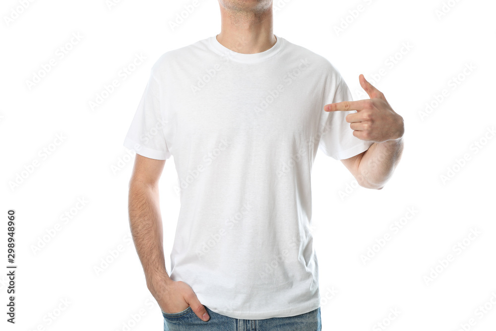 Wall mural Men in blank white t-shirt isolated on white background, space for text