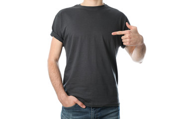 Men in blank grey t-shirt isolated on white background, space for text