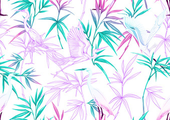Fototapeta na wymiar Tropical plants and flowers and birds. Seamless pattern, background. Colored and outline design. Vector illustration in neon, fluorescent colors. Isolated on white background..