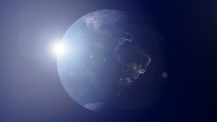 South and Central America at Sunset with City Lights. Beautiful Day Night background. 3D Rendering. Satellite Imagery view from the Space. Earth Planet globehe Space. Earth Planet globe