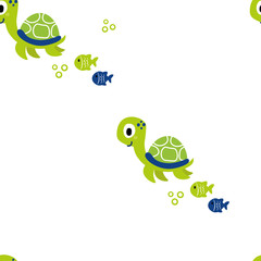 Leuke zee vectordieren van de diepte: vis en schildpad. Cartoon naadloze patroon op een gekleurde achtergrond. Het kan worden gebruikt voor achtergronden, oppervlaktestructuren, achtergronden, opvulpatronen