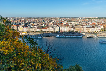 Fototapeta premium Budapest, Hungary - October 01, 2019: Panoramic cityscape view of hungarian capital city of Budapest from the Gellert Hill.