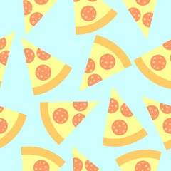 Cute pattern with slices of pizza on the blue background.