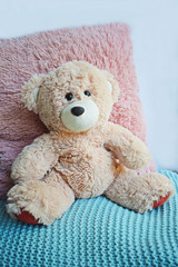 A soft, fluffy bear sits on a knitted blanket.Children's toy.