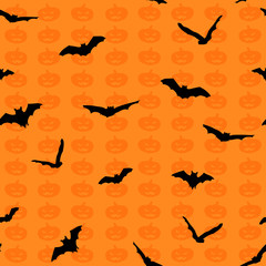Silhouette of spooky bats and pumpkins against orange background. Vector illustration, seamless pattern