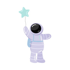 Astronaut standing and holding baloon in star shape vector illustration