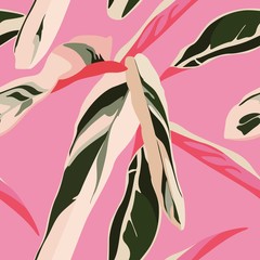 Exotic pink bright leaves seamless pattern on pink background.