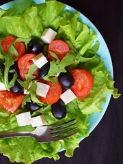 Light salad with tomato greens and cheese on a blue plate.Vegetarian food.