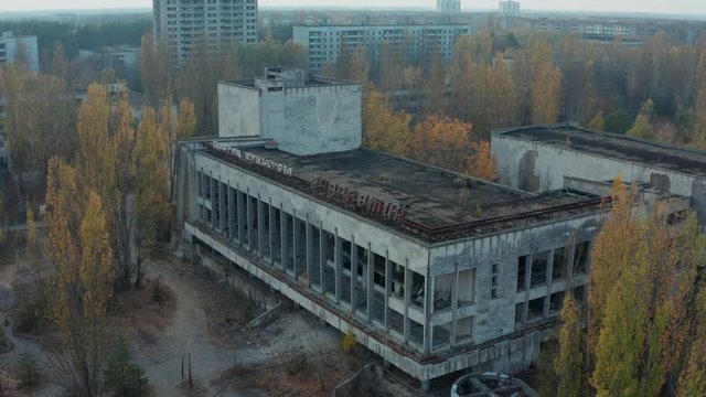 Pripyat, UKRAINE - October 2019: abandoned house and school in the ghost town of Pripyat after the Chernobyl disaster at the nuclear power plant. Bird's-eye