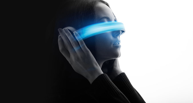 Double exposure of female face. Abstract woman portrait. Digital art. Girl in glasses of virtual reality. Augmented reality, dream, future technology, game concept. VR. Blue neon light.