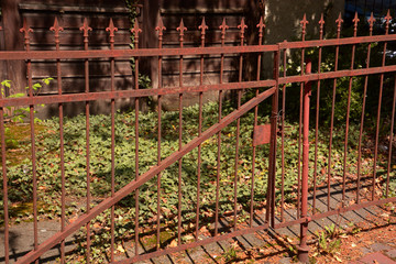 vintage rusty metal fence lost place area, lost place mit rusty metal fence and overgrown ivy