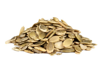 peeled pumpkin seeds in a bunch isolated on white