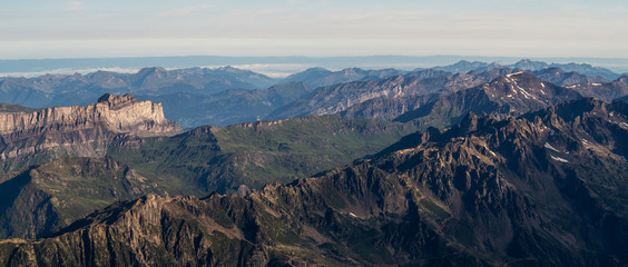 Panorama of mountain range at down. French Alps