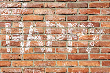 Red brick wall with the word happy in white chalk drawn by hand. Positive graffiti background.