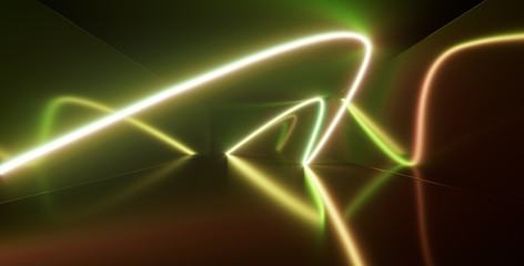 Neon lights, glowing lines, ultraviolet, vibrant colors, abstract background. 3D illustration. 