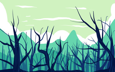 vector illustration of a dark forest with a scary tree branch. for website banner and card background