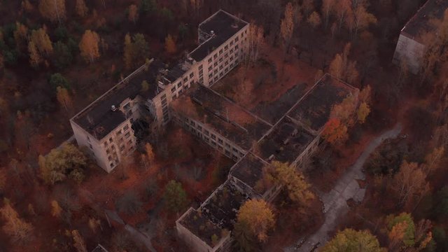 Pripyat, UKRAINE - October 2019: abandoned house and school in the ghost town of Pripyat after the Chernobyl disaster at the nuclear power plant. Bird's-eye