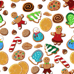 Seamless pattern of Christmas gingerbread, oranges, nuts. A set of illustrations on the theme Christmas traditions.