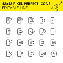 Simple set of icons related for phone services. Collection of mobile technology outline symbols. Contains such Icons as mobile, support, charging, sms etc. Pixel perfect. Editable line. Vector-Vector.