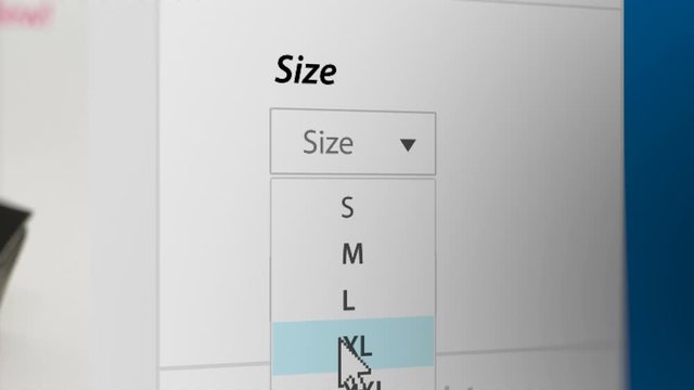 Mouse Cursor Choosing Clothing Size Drop-down List (S,M,L,XL) on Online Shopping Site