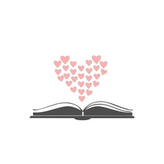 Open book icon with hearts shaped in bigger heart above it