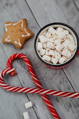 Red mag of drink with candy cane and Christmas gigerbread on wooden background. Top View.